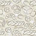 Beige seamless patterns with different breads, Easter bread, pretzel, bap and croissant. Ideal for printing onto fabric and paper Royalty Free Stock Photo