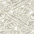 Beige seamless patterns with different breads, pretzel, and bap. Ideal for printing onto fabric and paper or scrap booking Royalty Free Stock Photo