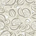 Beige Seamless Patterns with melon and watermelon on grunge background. Ideal for printing onto fabric and paper or scrap booking