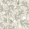 Beige Seamless Patterns with olive plant and bottle on grunge background. Ideal for printing onto fabric and paper or scrap