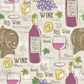 Beige seamless patterns with red wine set, cask, glass, grapes, Royalty Free Stock Photo