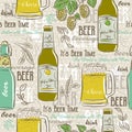 Beige seamless patterns with set of beer bottle, mug, hop