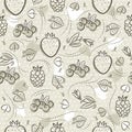 Beige Seamless Patterns with strawberry, blackberry, blueberry and raspberry on grunge background. Ideal for printing onto fabric