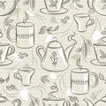 Beige seamless patterns with tea set, cup, teapot, leafs, flower and text. Background with coffee set. Ideal for printing onto fab