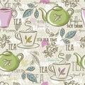 Beige seamless patterns with tea set, leafs, cup,kettle, flower