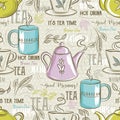 Beige seamless patterns with tea set, leafs, flower and text.