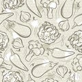 Beige Seamless Patterns with vegetable, pepper, eggplant, cauliflower and broccoli. Ideal for printing onto fabric and paper or