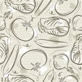 Beige Seamless Patterns with vegetable, tomato, cucumber, salad and onions. Ideal for printing onto fabric and paper or scrap
