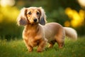 beige small dachshund dog walking on grass lawn in park