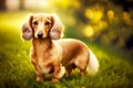 beige small dachshund dog walking on grass lawn in park