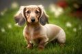 beige small dachshund dog walking on grass lawn in park
