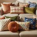 A beige sofa adorned with an assortment of decorative pillows in various colors and Royalty Free Stock Photo