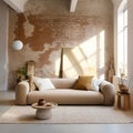 Beige sofa against of grunge aged brick wall. Japanese style interior design of modern living room. Created with generative AI