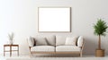 Beige sofa and armchair near white wall. Interior design of modern living room with empty blank mock up poster frame Royalty Free Stock Photo