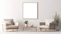 Beige sofa and armchair near white wall. Interior design of modern living room with empty blank mock up poster frame Royalty Free Stock Photo