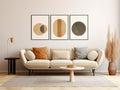 Beige sofa near white wall with three mock up poster frames. Mid century interior design of modern living room. Created with