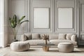 Beige sofa and ottomans against grey panelled walls