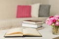 Beige sofa with plaid and colorful pillows pink, grey, white with books in the living room