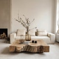 Beige sofa and rustic coffee table made from wood logs. Minimalist home interior design of modern living room