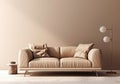 Beige sofa between side table and brass floor lamp near blank wall with copy space. Minimalist interior design of modern living Royalty Free Stock Photo