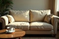 A beige sofa with throw pillows, sunlight illuminating its cushions, and a small coffee spill on the seat. Generative AI Royalty Free Stock Photo
