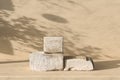 Beige stone podium display. Platform for product brand presentation cosmetic. Scene with sunshade shadow of background