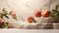 Beige stone podium with fresh peach fruit for displaying a product, skin care product or perfume