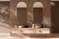 Beige stylish hotel bathroom interior with double sink and accessories Royalty Free Stock Photo