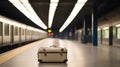 Beige Suitcase Abandoned on Train Platform Royalty Free Stock Photo