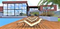 Beige sun loungers on a wooden deck near the pool in front of a modern stylish country house with a glazed facade. 3d render Royalty Free Stock Photo