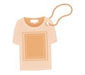 Beige t-shirt with price tag, blank label for your text. Simple clothing design, fashion retail concept. Clothes