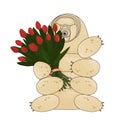 The beige tardigrade holds a bouquet of red tulips, which consists of thirteen flowers. Gift is tied with pink polka dot ribbon.