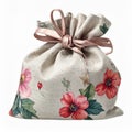 Beige Textile Sack with Red Flower Print and Ribbon on White Background Royalty Free Stock Photo