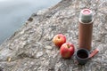 Beige thermos bottle, cup of tea or coffee, and red apple on rock over the river. Beautiful summer, spring, autumn landscape. Royalty Free Stock Photo