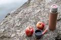 Beige thermos bottle, cup of tea or coffee, and red apple on rock over the river. Beautiful summer, spring, autumn landscape. Royalty Free Stock Photo