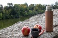 Beige thermos bottle, cup of tea or coffee, and red apple on rock over the river. Beautiful summer, spring, autumn landscape. Royalty Free Stock Photo