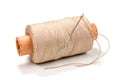 Beige thread on a cardboard spool with needle on white background