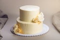 Beige 2 tiered wedding cake decorated with mastic roses stands on fabric background Royalty Free Stock Photo