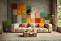 Beige tufted sofa against of concrete wall with colorful mosaic
