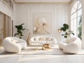 Beige tufted sofa and golden egg chairs on white carpet. Art deco style luxury interior design of modern living room Royalty Free Stock Photo