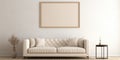 Beige tufted velvet sofa and mock up frame on the wall. Interior design of modern living room