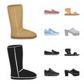 Beige ugg boots with fur, brown loafers with a white sole, sandals with a fastener, white and blue sneakers. Shoes set