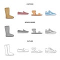 Beige ugg boots with fur, brown loafers with a white sole, sandals with a fastener, white and blue sneakers. Shoes set