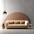 Beige velvet sofa against of grey stucco or concrete wall with beige round paneling. Minimalist interior design of modern living