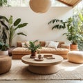 Beige velvet sofa with terra cotta cushions between houseplants. Wooden round coffee table near ottoman on knitted rug