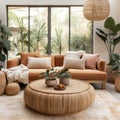 Beige velvet sofa with terra cotta cushions between houseplants. Wooden round coffee table near ottoman on knitted rug