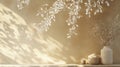 Soft Sepia Wall with Leafy Branches Silhouette and Natural Light Sunbeams Royalty Free Stock Photo