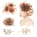 Beige wedding Flowers and bride girl Clipart set, Watercolor Caramel flowers elements and bouquets, Vintage style girl