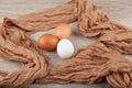 Beige, white, brown chicken eggs on table Royalty Free Stock Photo