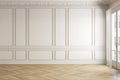 Beige-white classic empty interior with blank wall and moldings.